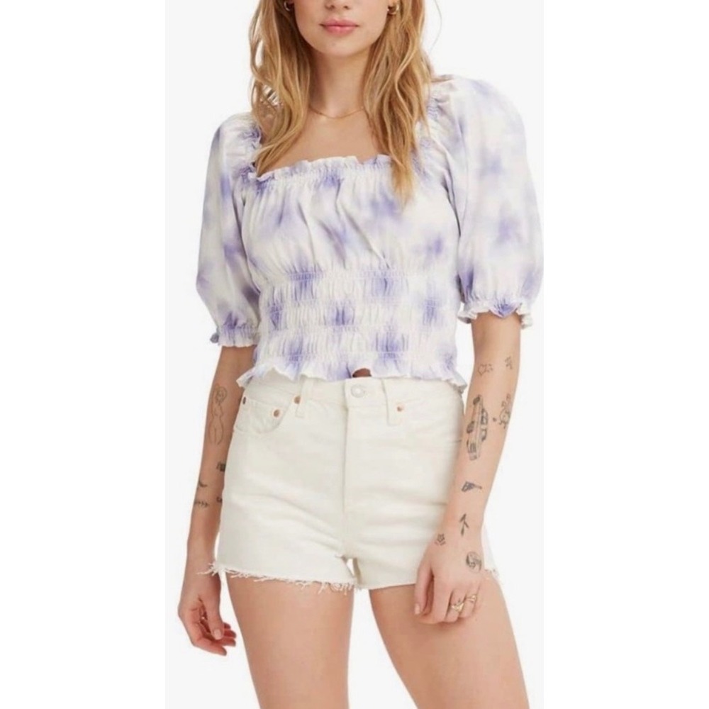 Levi's Tilly Smocked Blouse purple tie-dye floral print puff sleeve square neck